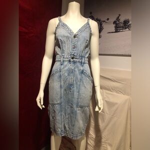 Etica Light Blue Acid-Wash Denim Midi Pencil Dress w Adjustable Straps Festival